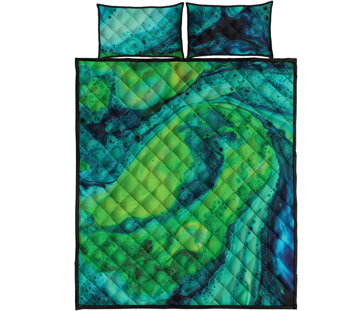 Turquoise And Green Acid Melt Print Quilt Bed Set