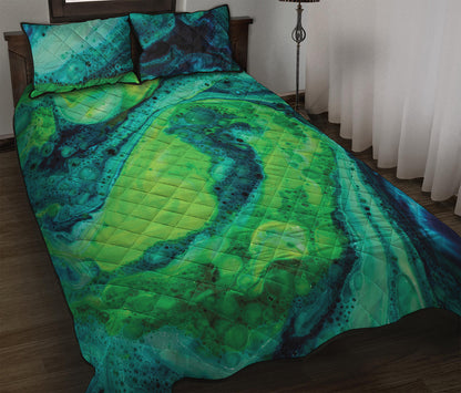 Turquoise And Green Acid Melt Print Quilt Bed Set