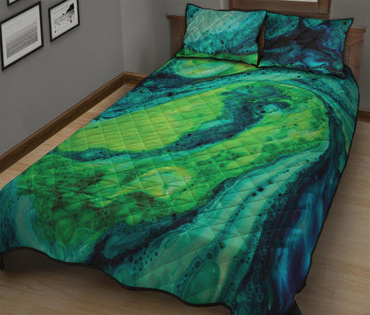Turquoise And Green Acid Melt Print Quilt Bed Set