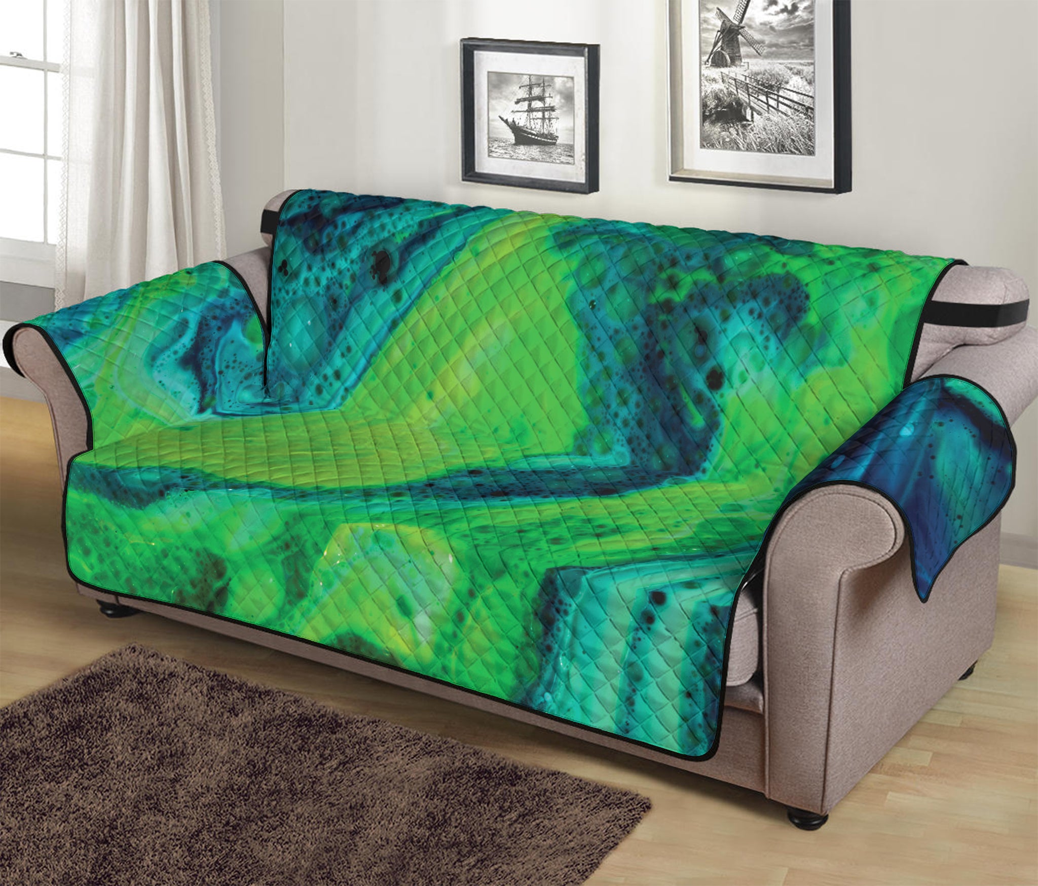 Turquoise And Green Acid Melt Print Sofa Protector