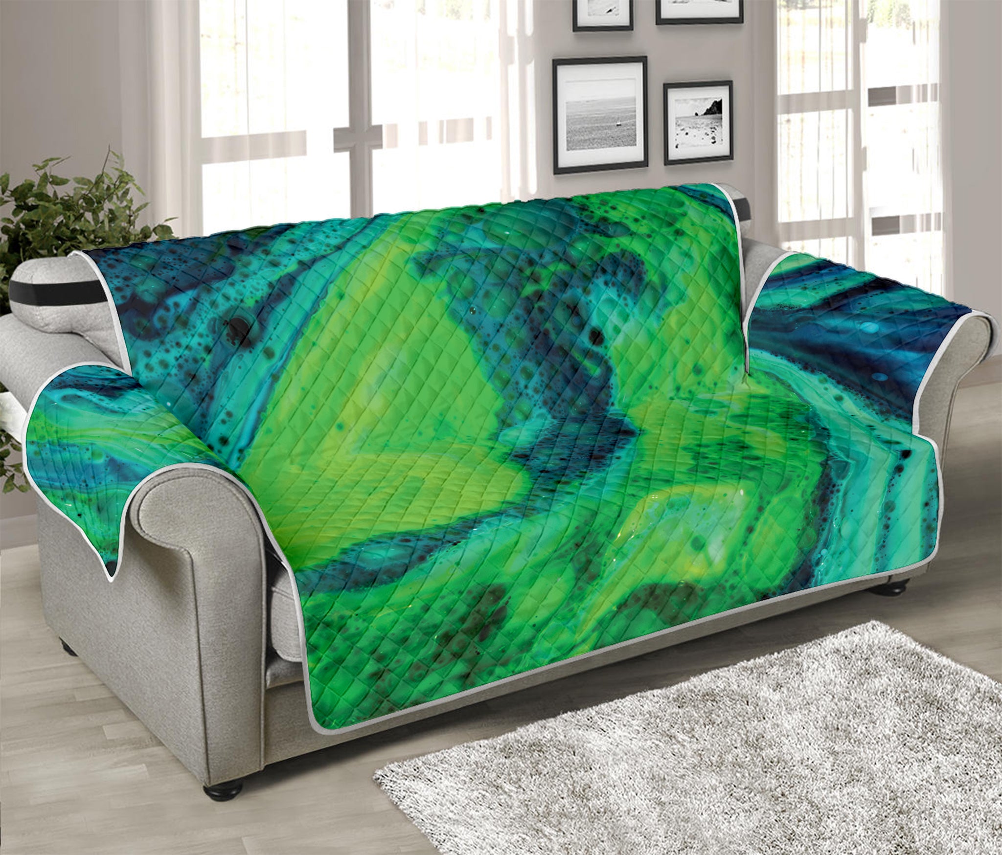 Turquoise And Green Acid Melt Print Sofa Protector