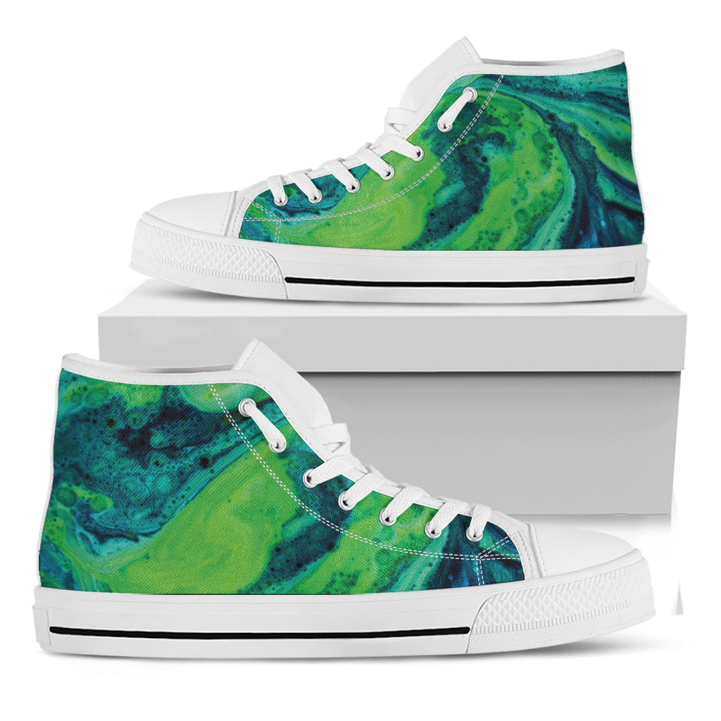 Turquoise And Green Acid Melt Print White High Top Shoes