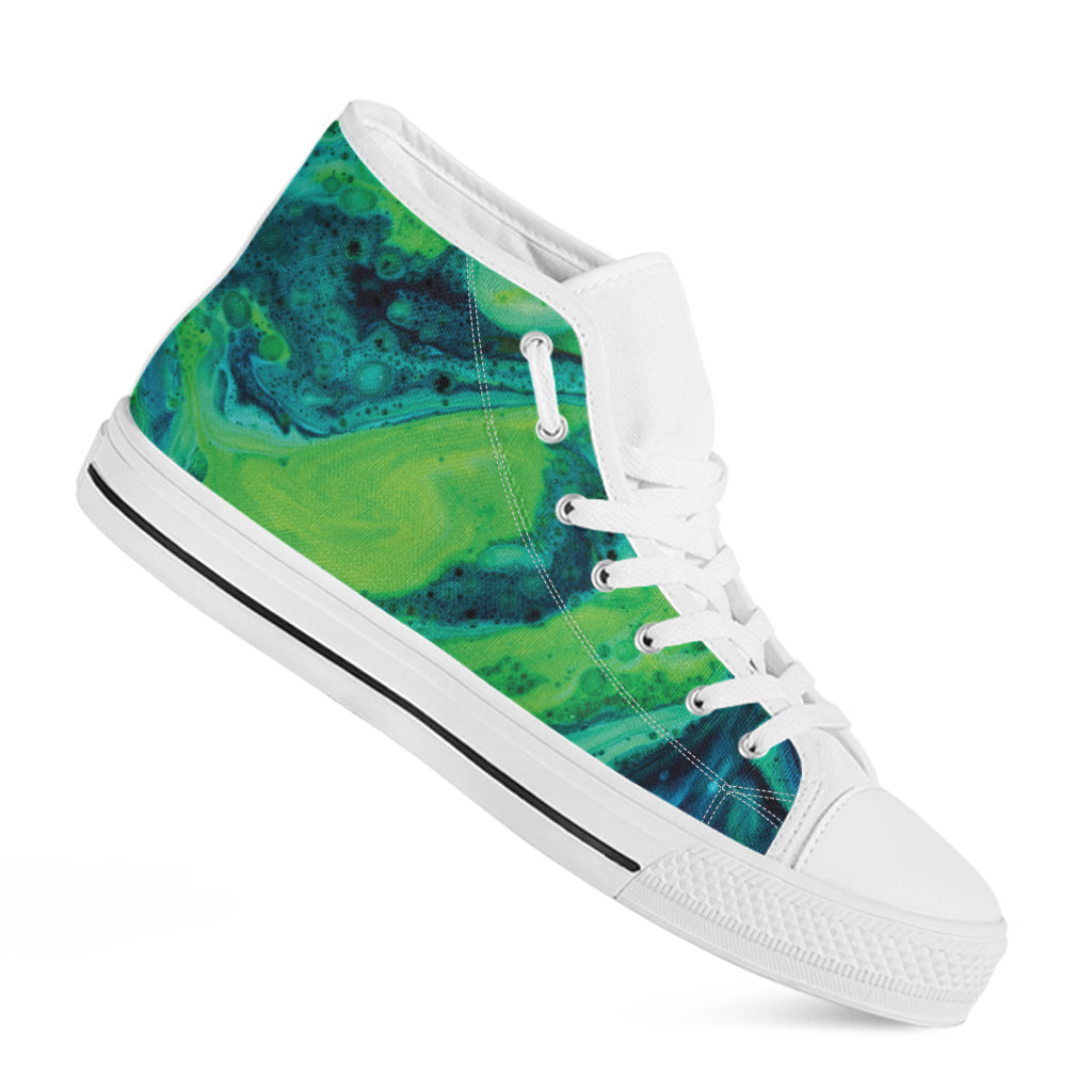 Turquoise And Green Acid Melt Print White High Top Shoes