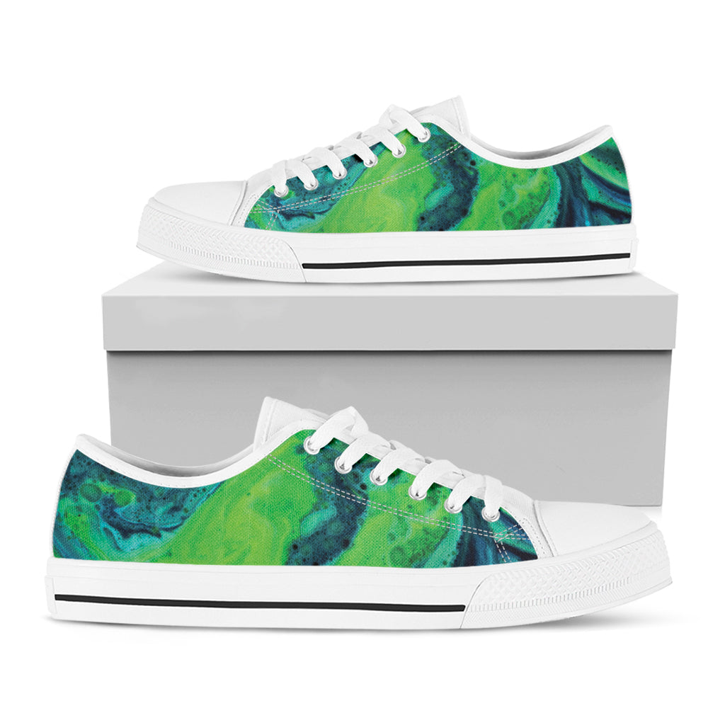 Turquoise And Green Acid Melt Print White Low Top Shoes