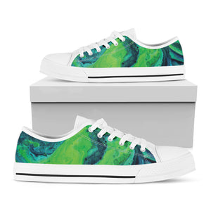 Turquoise And Green Acid Melt Print White Low Top Shoes