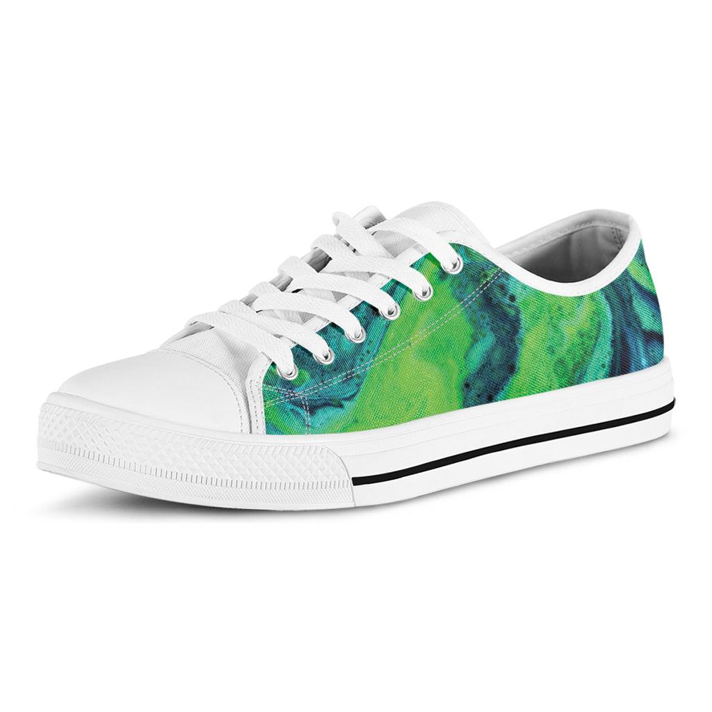 Turquoise And Green Acid Melt Print White Low Top Shoes