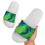 Turquoise And Green Acid Melt Print White Slide Sandals