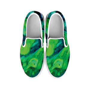 Turquoise And Green Acid Melt Print White Slip On Shoes