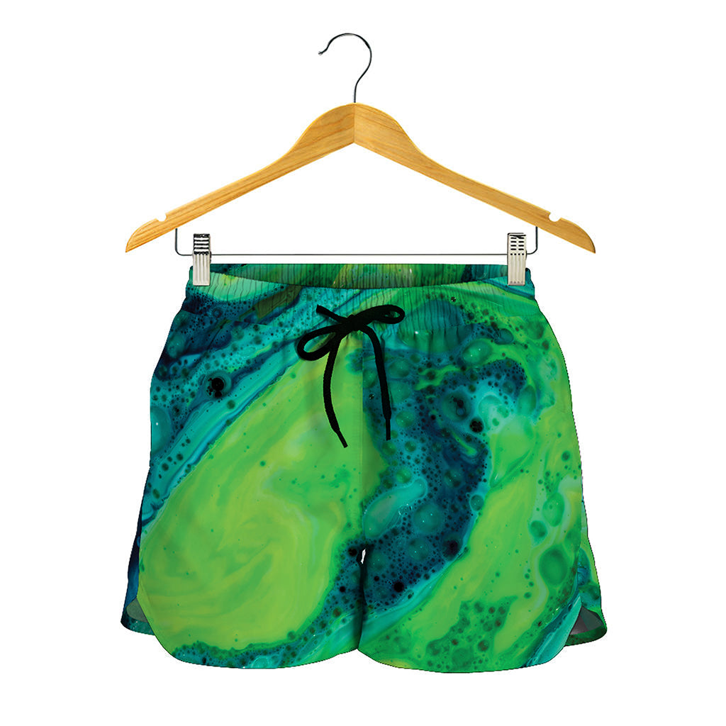 Turquoise And Green Acid Melt Print Women's Shorts