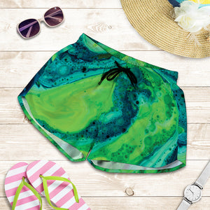 Turquoise And Green Acid Melt Print Women's Shorts