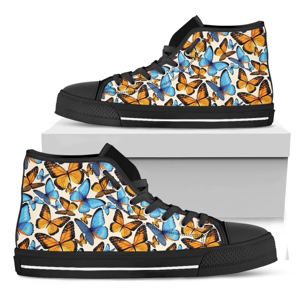 Turquoise And Orange Butterfly Print Black High Top Shoes