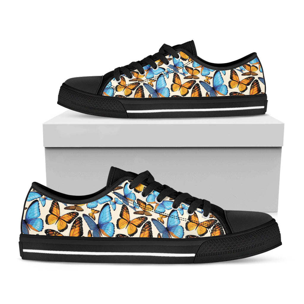 Turquoise And Orange Butterfly Print Black Low Top Shoes