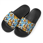 Turquoise And Orange Butterfly Print Black Slide Sandals