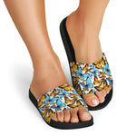 Turquoise And Orange Butterfly Print Black Slide Sandals