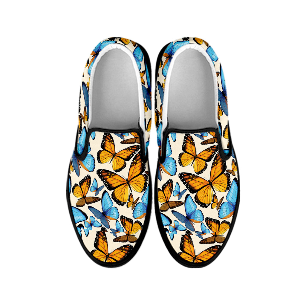 Turquoise And Orange Butterfly Print Black Slip On Shoes