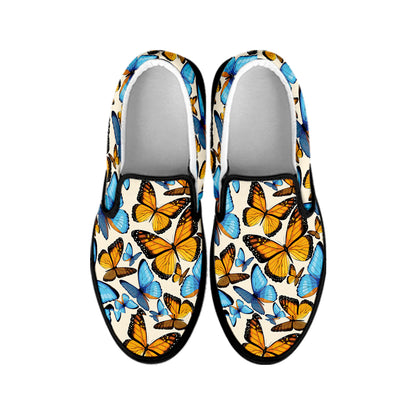 Turquoise And Orange Butterfly Print Black Slip On Shoes