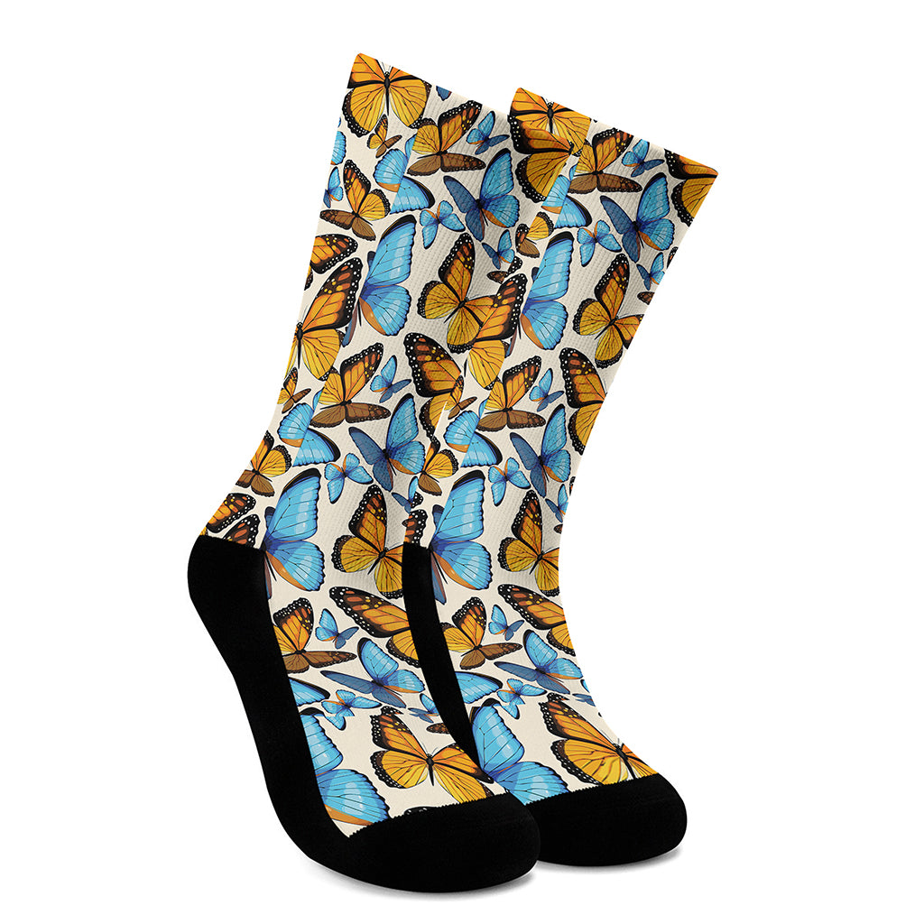 Turquoise And Orange Butterfly Print Crew Socks