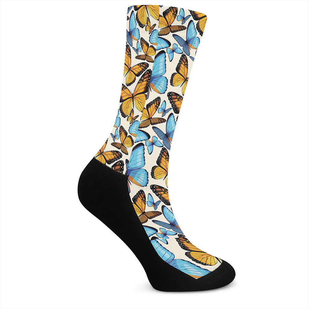 Turquoise And Orange Butterfly Print Crew Socks