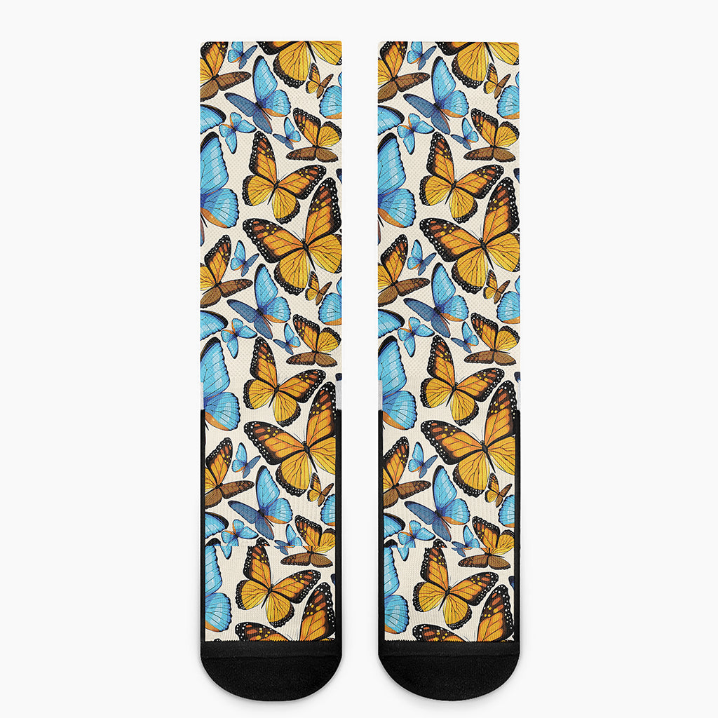 Turquoise And Orange Butterfly Print Crew Socks