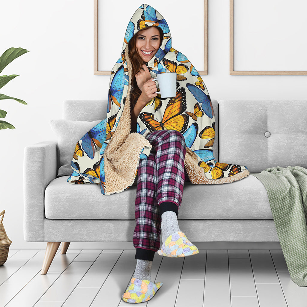 Turquoise And Orange Butterfly Print Hooded Blanket