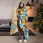 Turquoise And Orange Butterfly Print Hooded Blanket