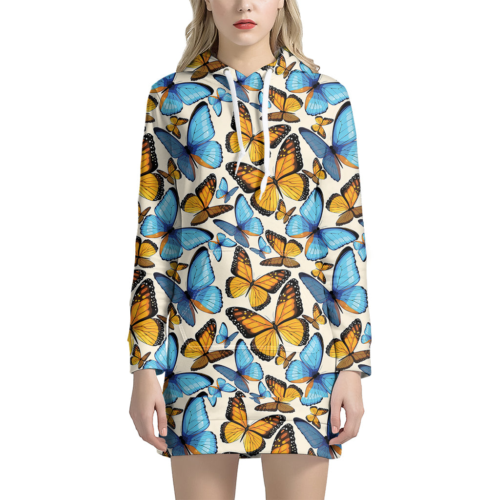 Turquoise And Orange Butterfly Print Hoodie Dress