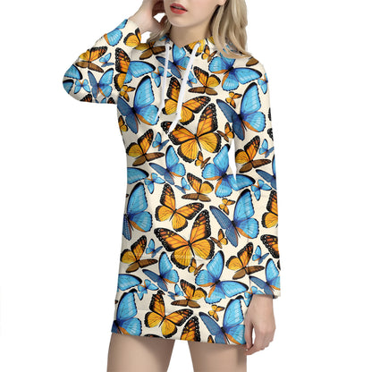 Turquoise And Orange Butterfly Print Hoodie Dress