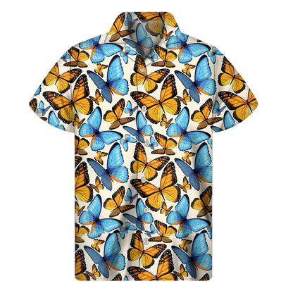 Turquoise And Orange Butterfly Print Men's Short Sleeve Shirt
