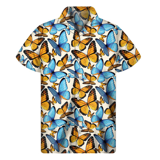 Turquoise And Orange Butterfly Print Men's Short Sleeve Shirt