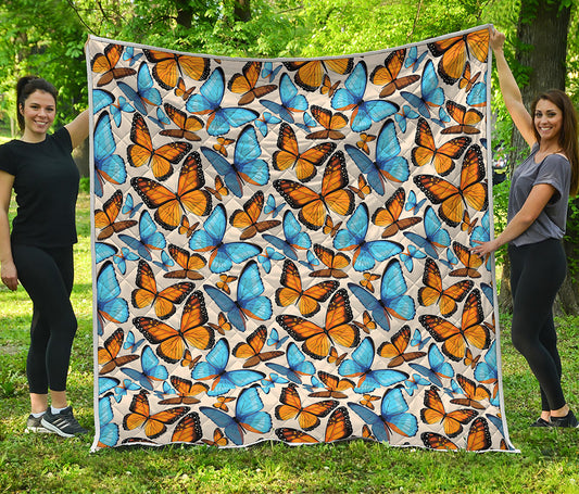 Turquoise And Orange Butterfly Print Quilt
