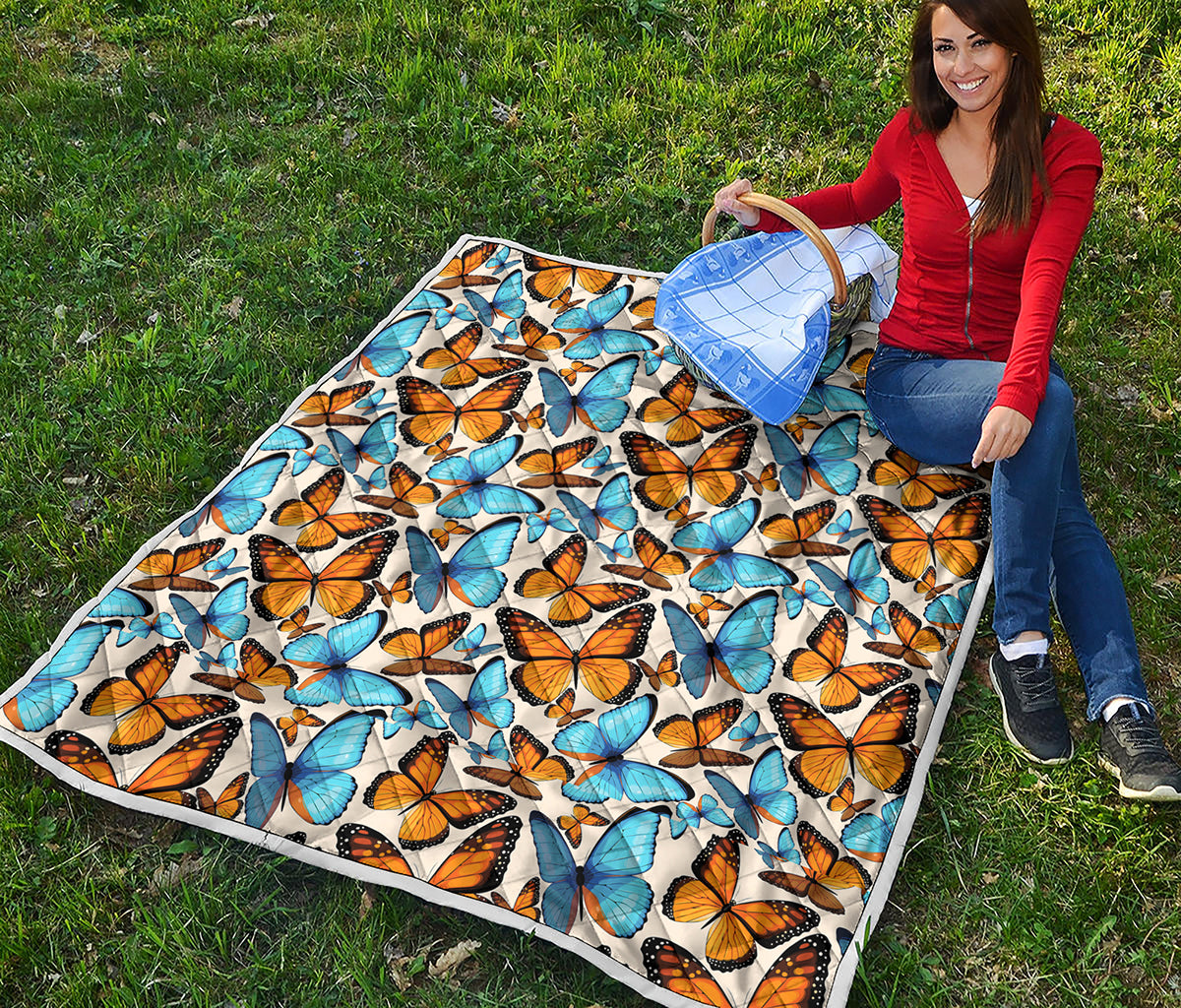 Turquoise And Orange Butterfly Print Quilt