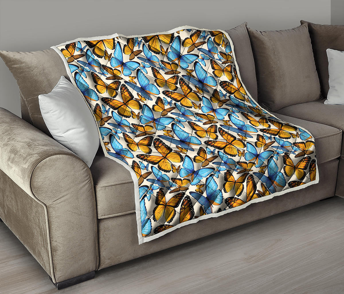 Turquoise And Orange Butterfly Print Quilt