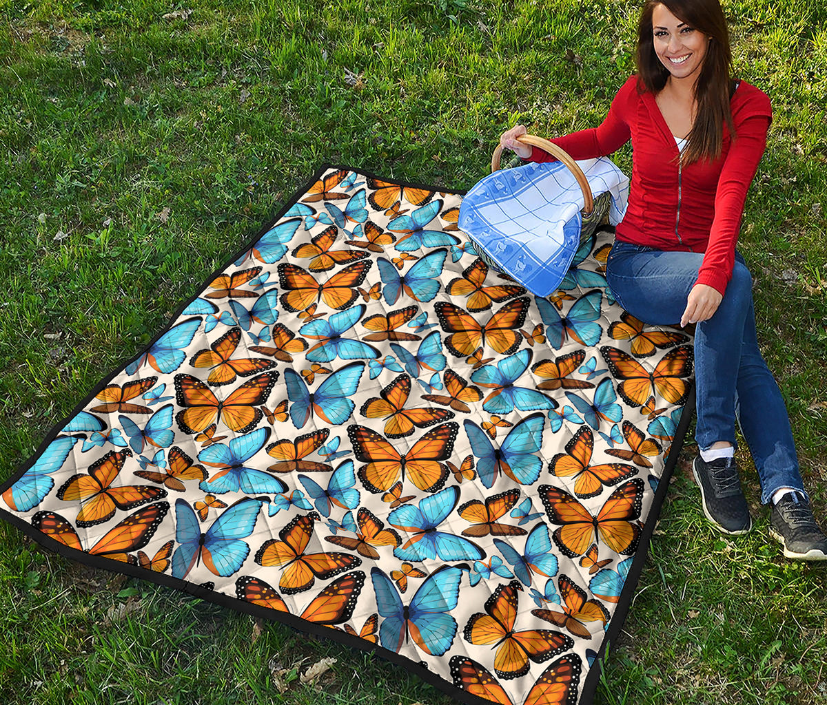 Turquoise And Orange Butterfly Print Quilt