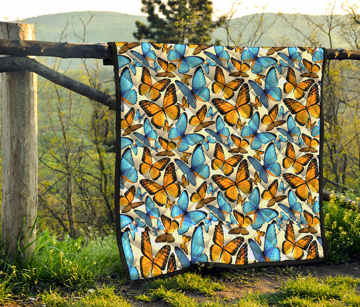 Turquoise And Orange Butterfly Print Quilt