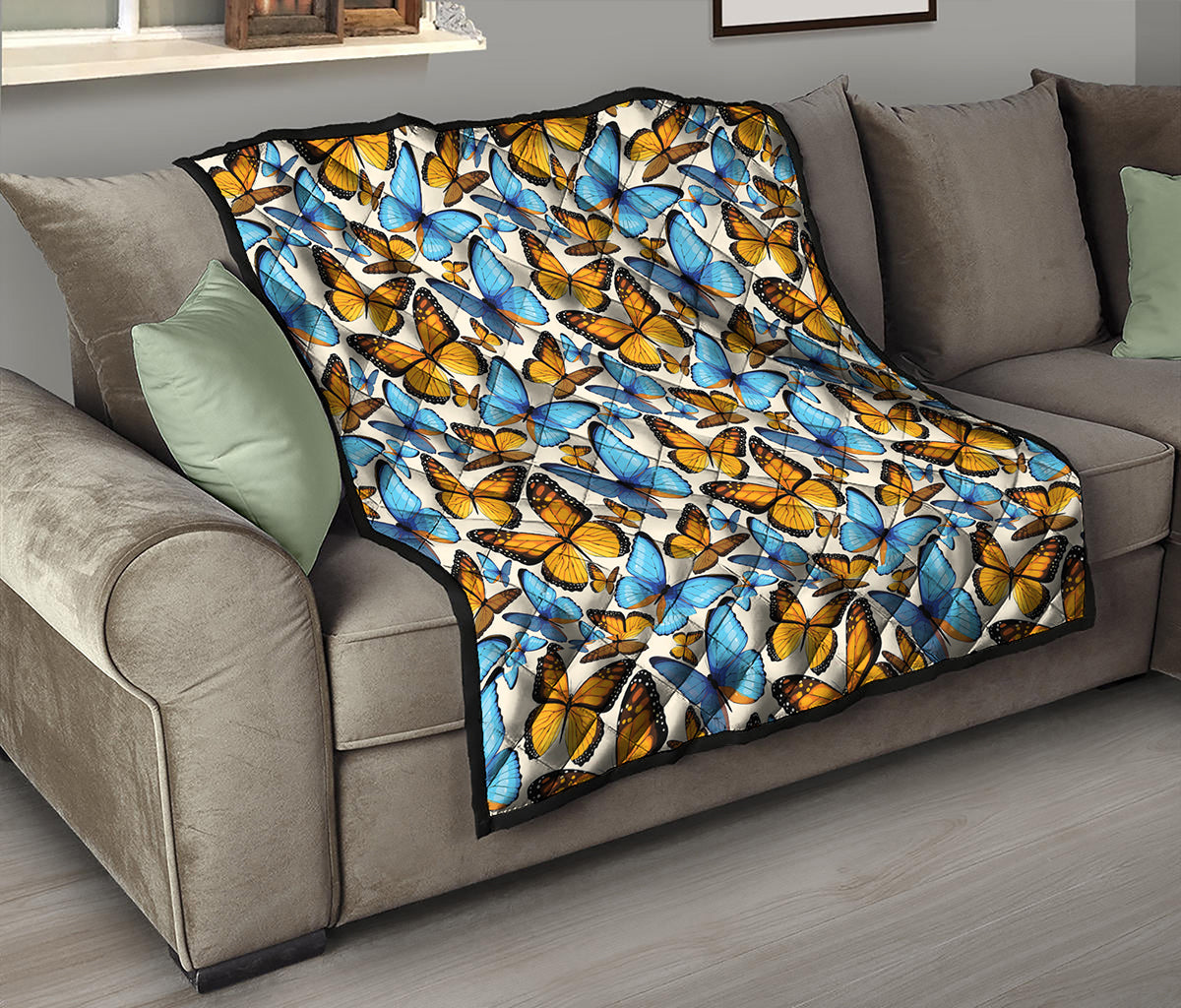 Turquoise And Orange Butterfly Print Quilt