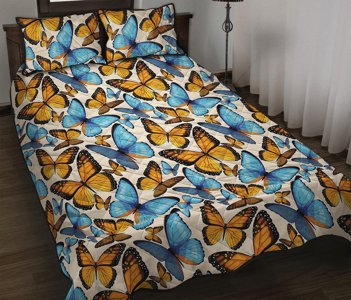 Turquoise And Orange Butterfly Print Quilt Bed Set