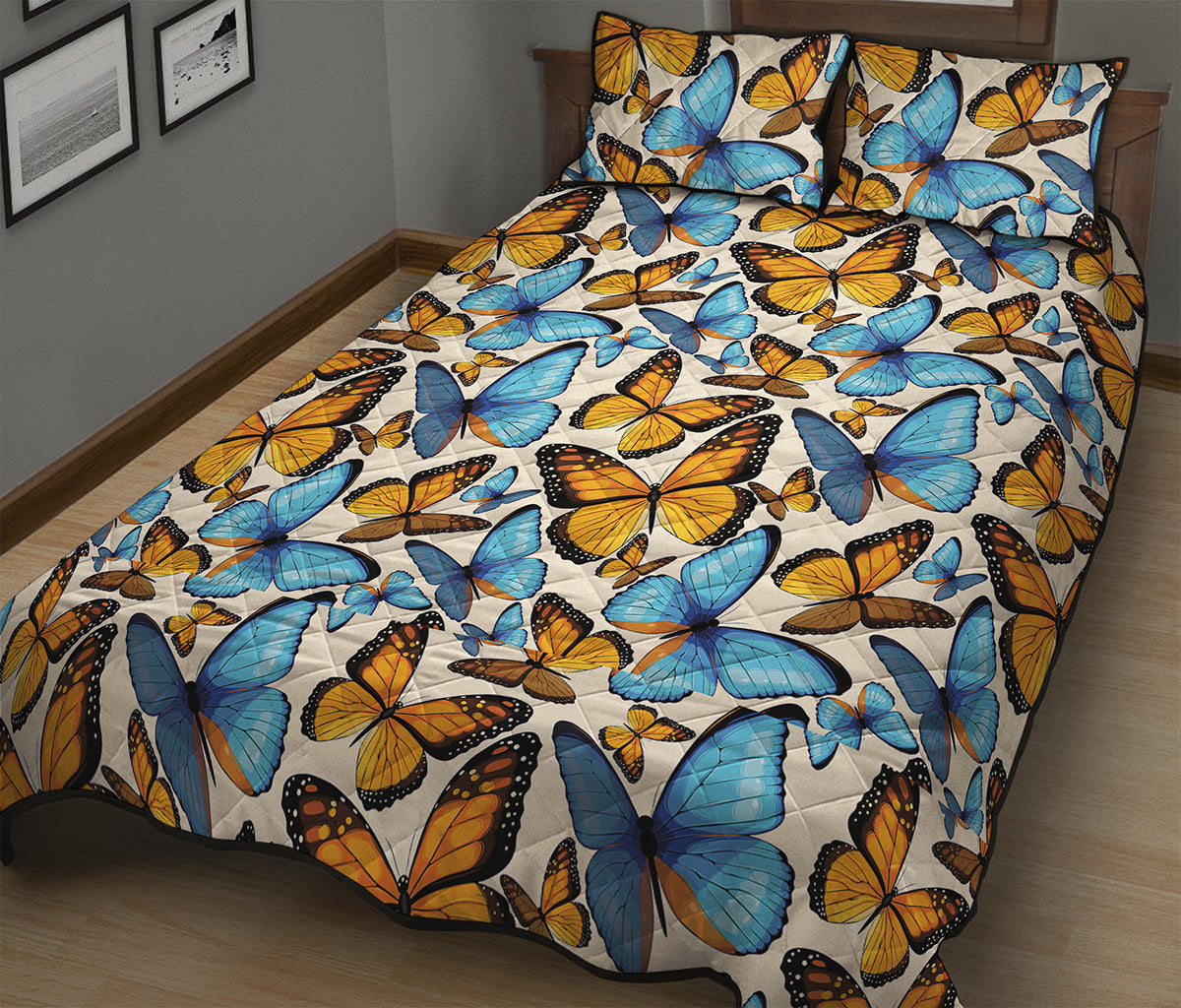 Turquoise And Orange Butterfly Print Quilt Bed Set