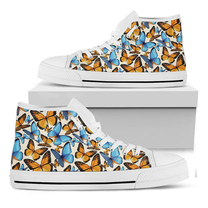 Turquoise And Orange Butterfly Print White High Top Shoes