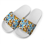 Turquoise And Orange Butterfly Print White Slide Sandals