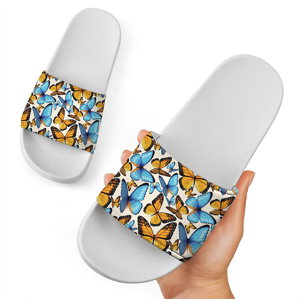 Turquoise And Orange Butterfly Print White Slide Sandals