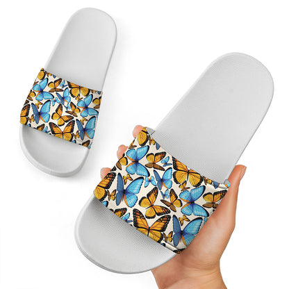 Turquoise And Orange Butterfly Print White Slide Sandals