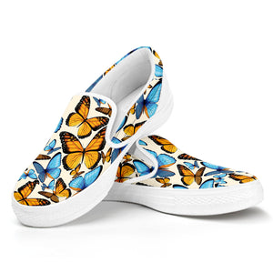 Turquoise And Orange Butterfly Print White Slip On Shoes