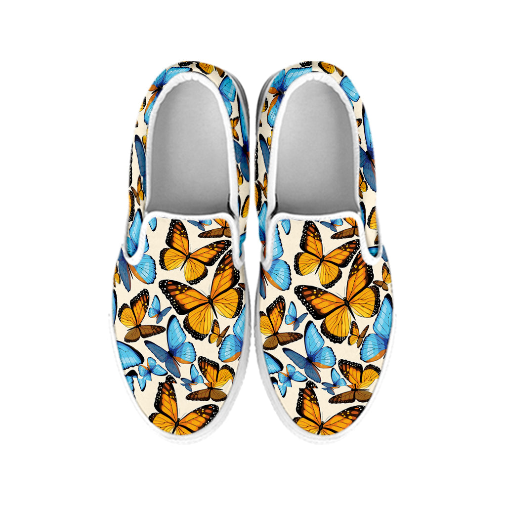 Turquoise And Orange Butterfly Print White Slip On Shoes