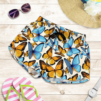 Turquoise And Orange Butterfly Print Women's Shorts