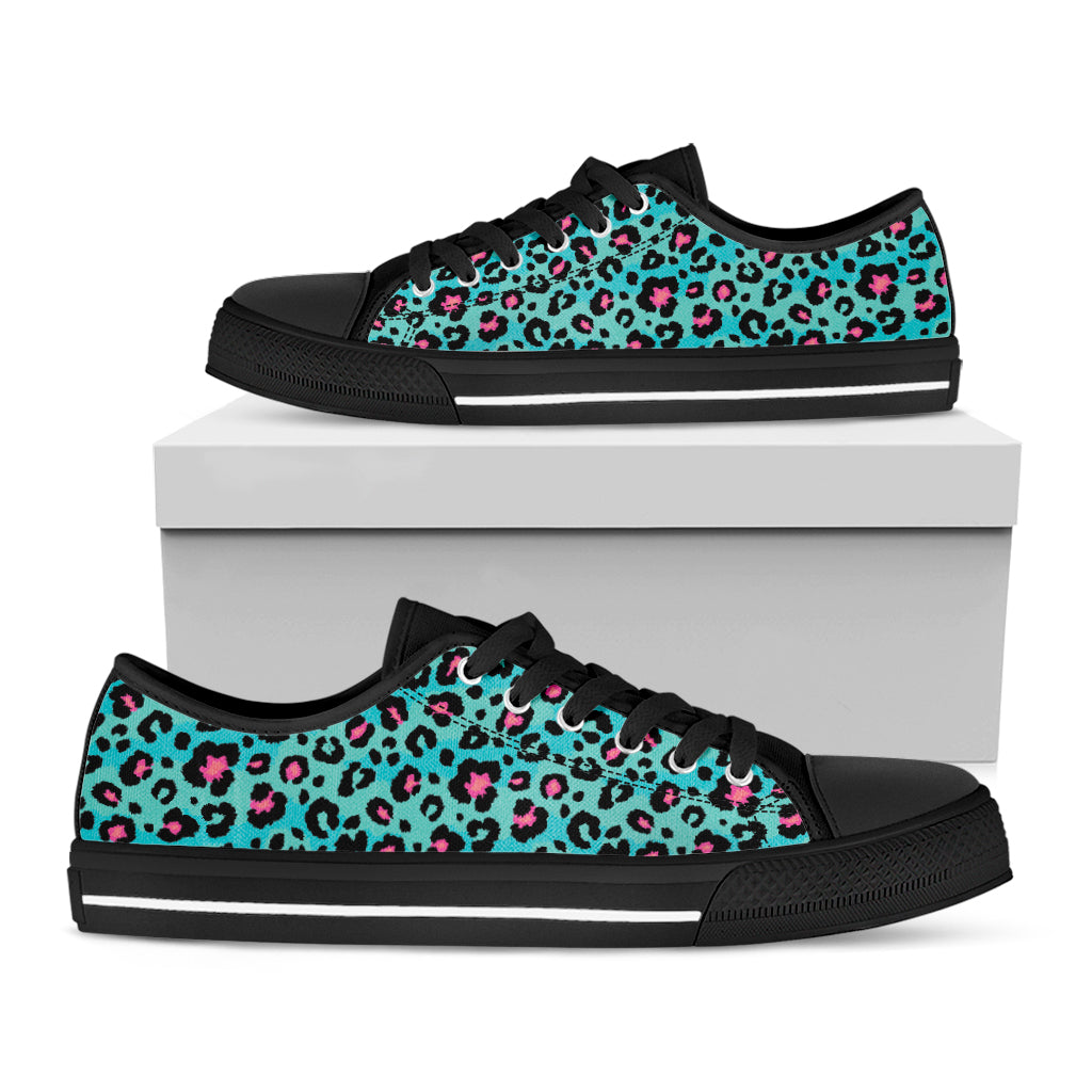 Turquoise And Pink Leopard Print Black Low Top Shoes