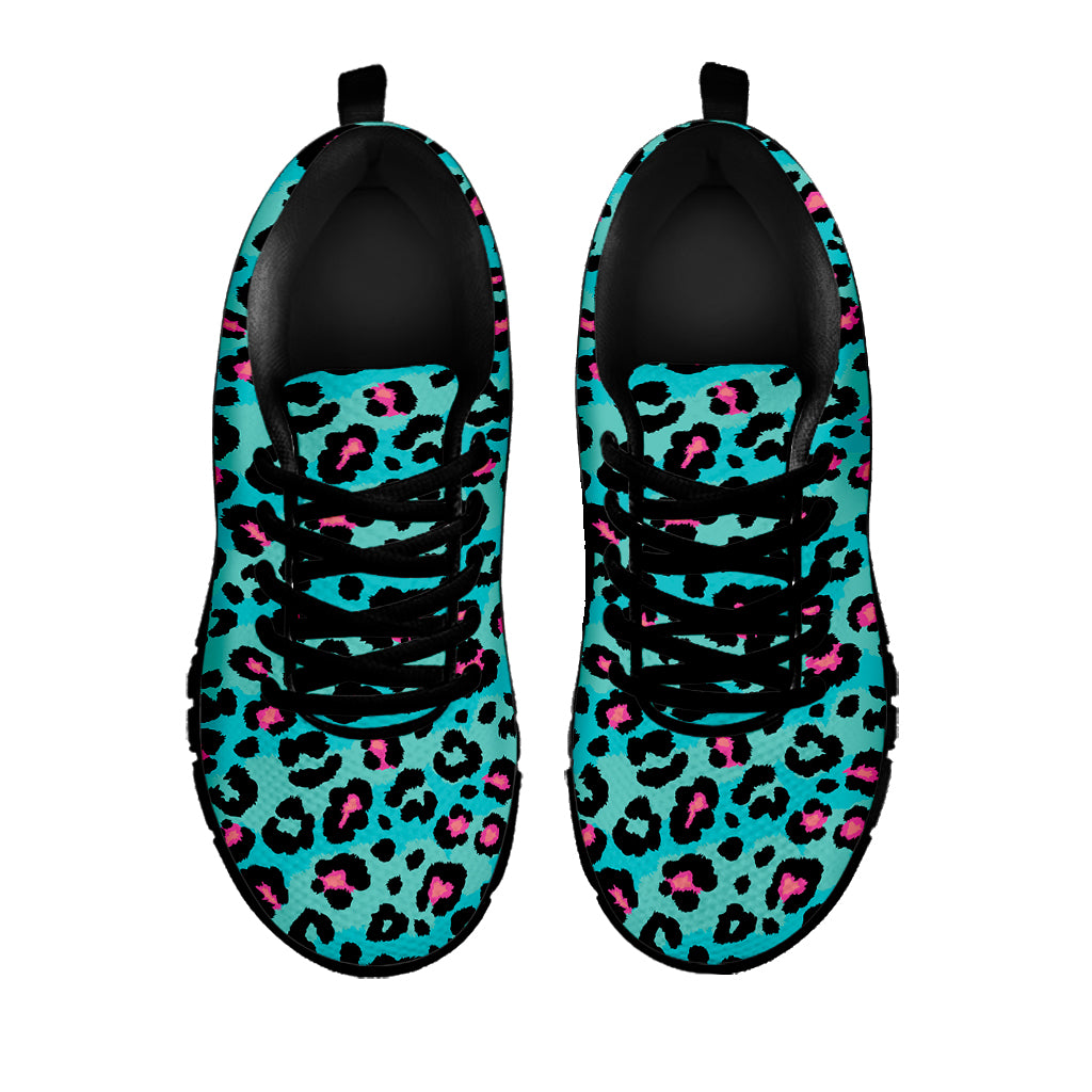Turquoise And Pink Leopard Print Black Sneakers