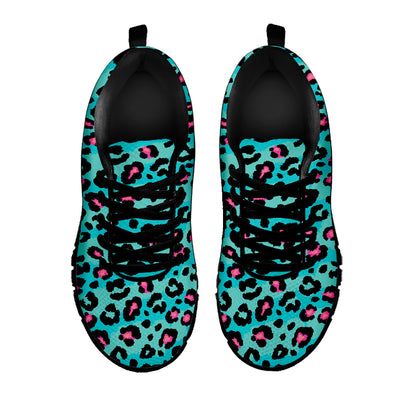 Turquoise And Pink Leopard Print Black Sneakers