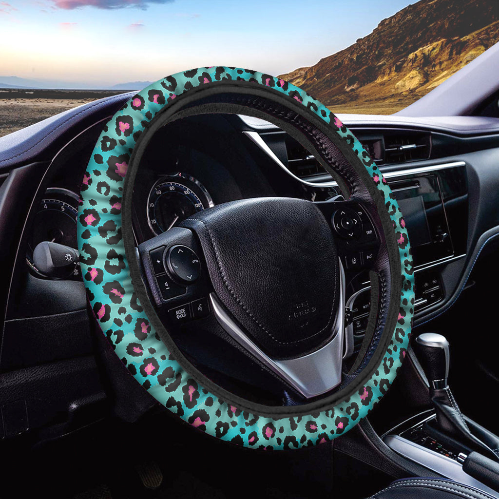 Turquoise And Pink Leopard Print Car Steering Wheel Cover