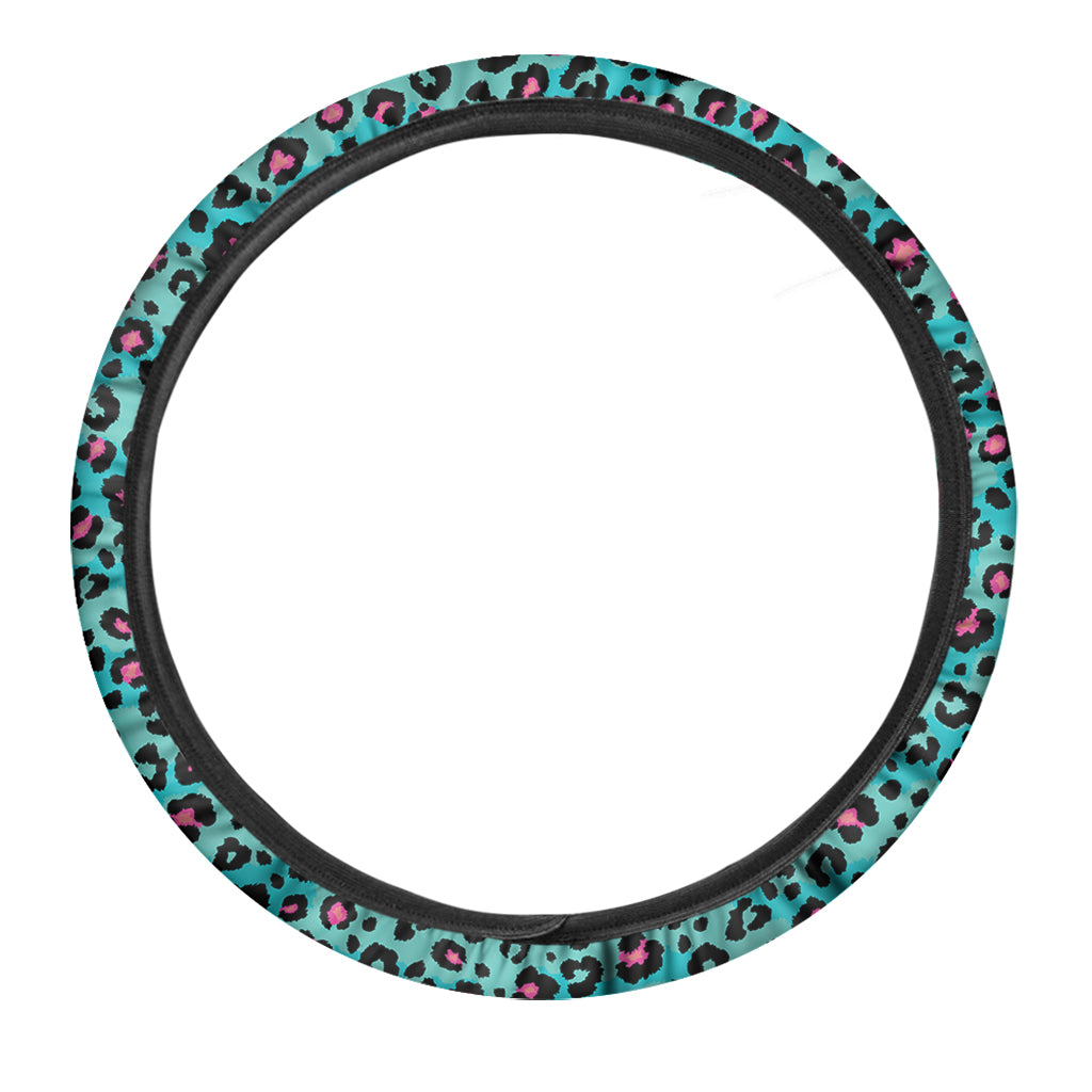 Turquoise And Pink Leopard Print Car Steering Wheel Cover