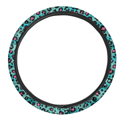 Turquoise And Pink Leopard Print Car Steering Wheel Cover